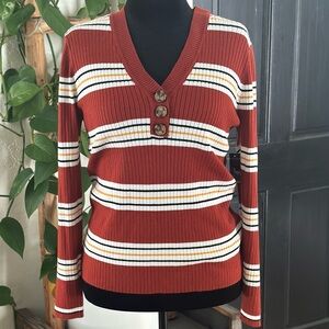 Striped Henley Sweater Juniors Sz XXXL Ribbed Knit Deep V-Neck Brown Cream Y2K
